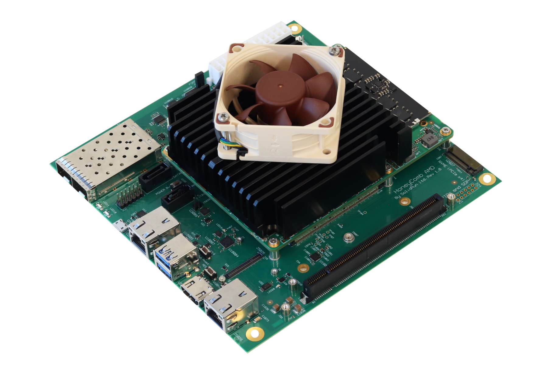 SolidRun HoneyComb board with a Ryzen Embedded compute module and active cooling